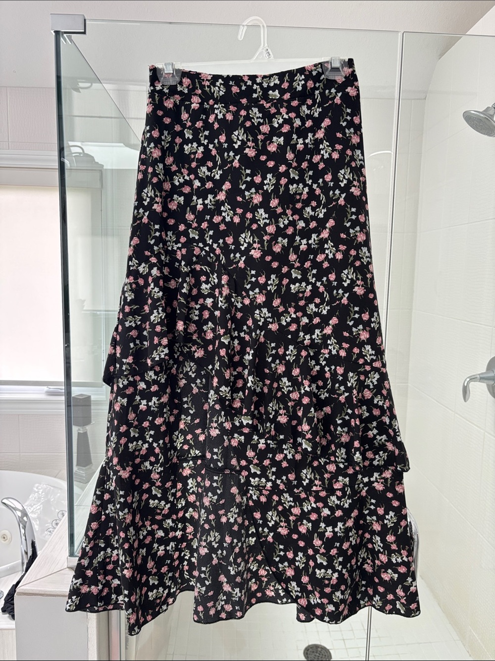 NWT Womens Floral Tiered Maxi Skirt with built in shorts - Black w/ Pink Flowers